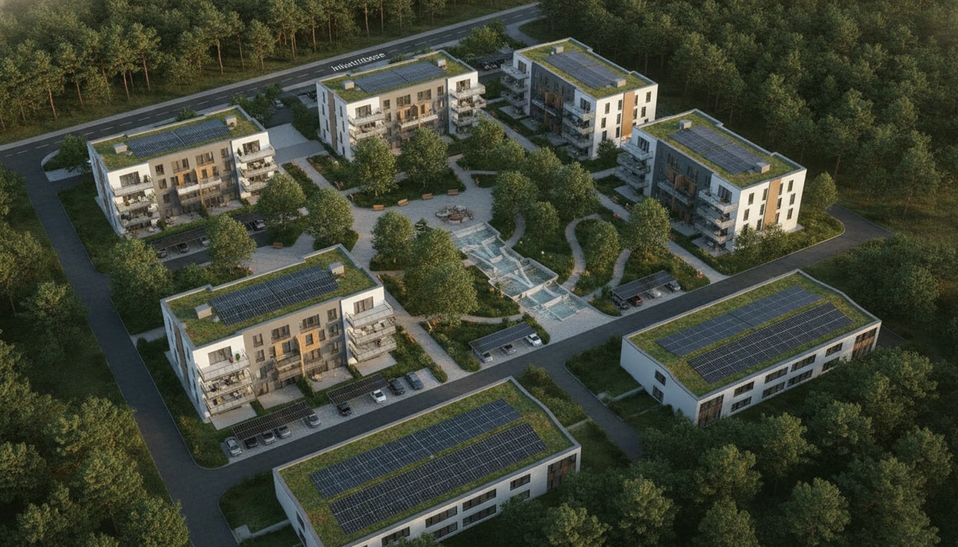Vollausbau-Impression — Innenhof mit Wasserfeature, PV-Carports