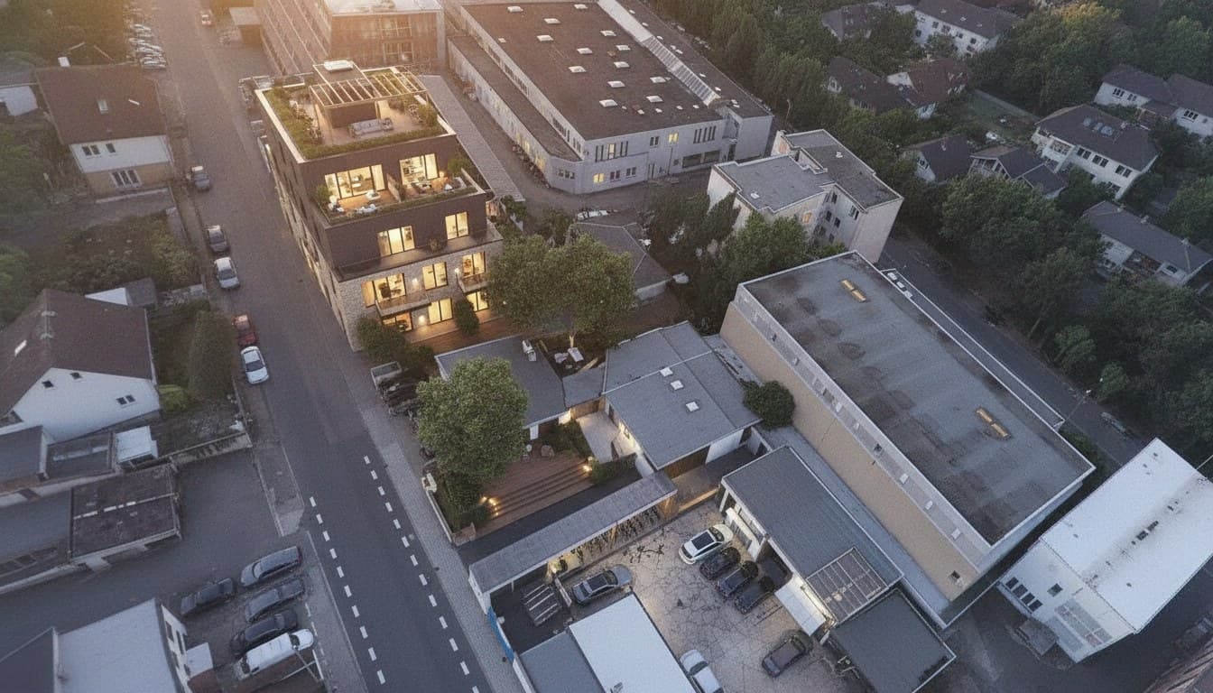 Vogelperspektive-Konzept (illustrative Visualisierung) — Conversion im Bestand, Golden Hour